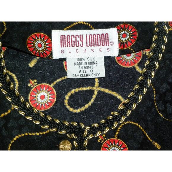 80s Scarf Print SILK Blouse | Fleur-de-Lis Tassel Black Red Gold Pattern | S - Picture 3 of 10